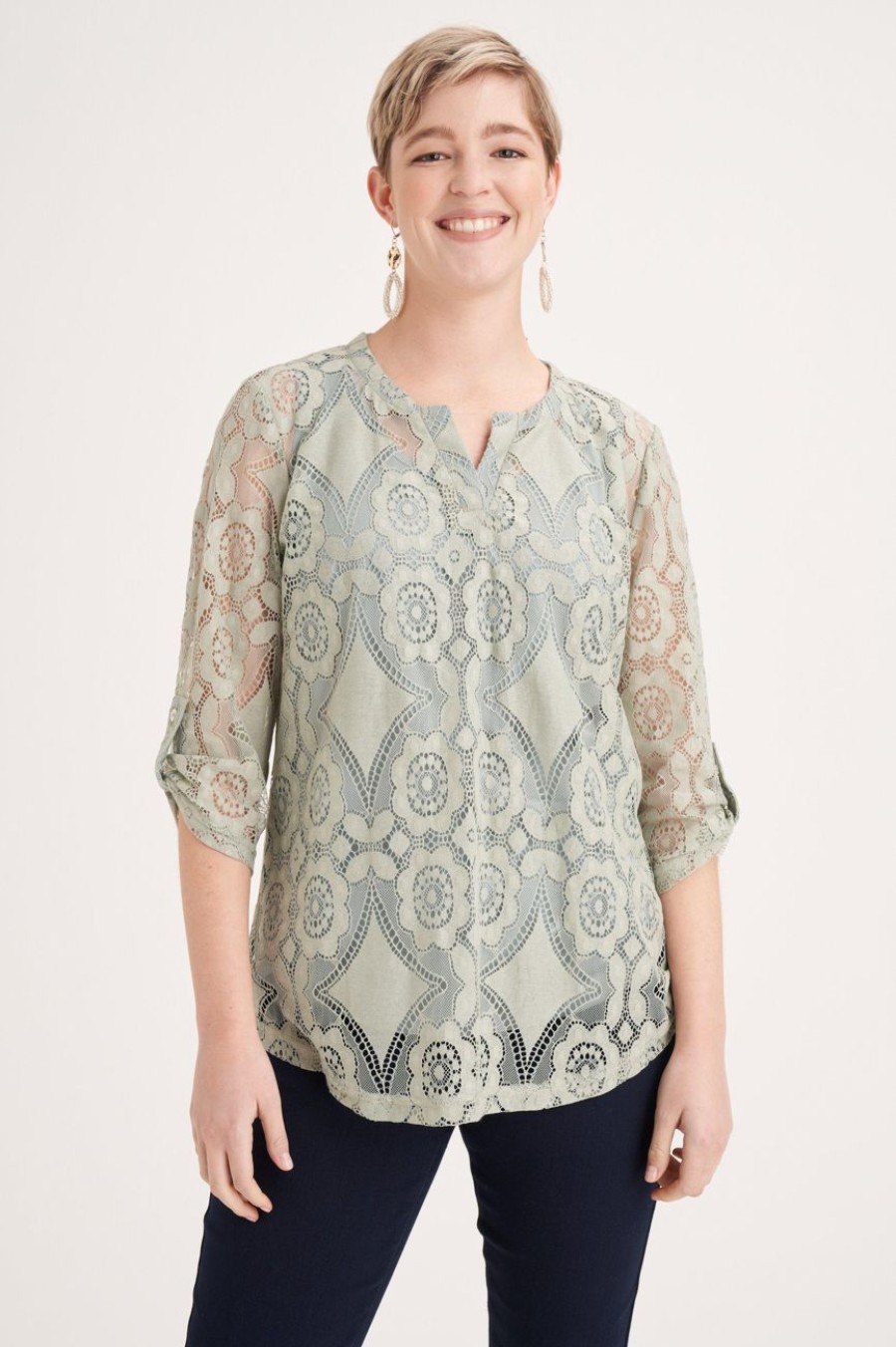 Clothing MILADYS | Henley Top With Lace Overlay Fatigue