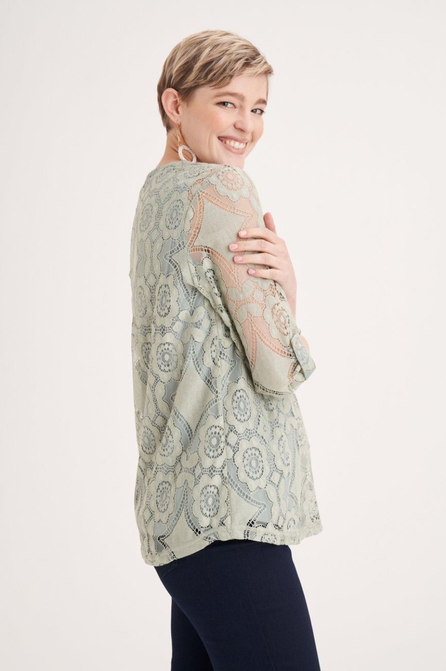 Clothing MILADYS | Henley Top With Lace Overlay Fatigue