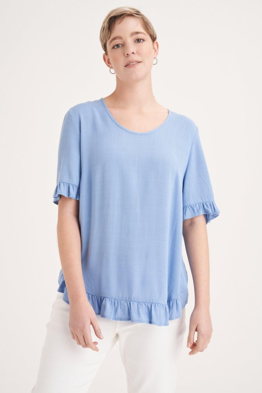 Clothing MILADYS | Woven Ruffle Trim Top Baby Blue