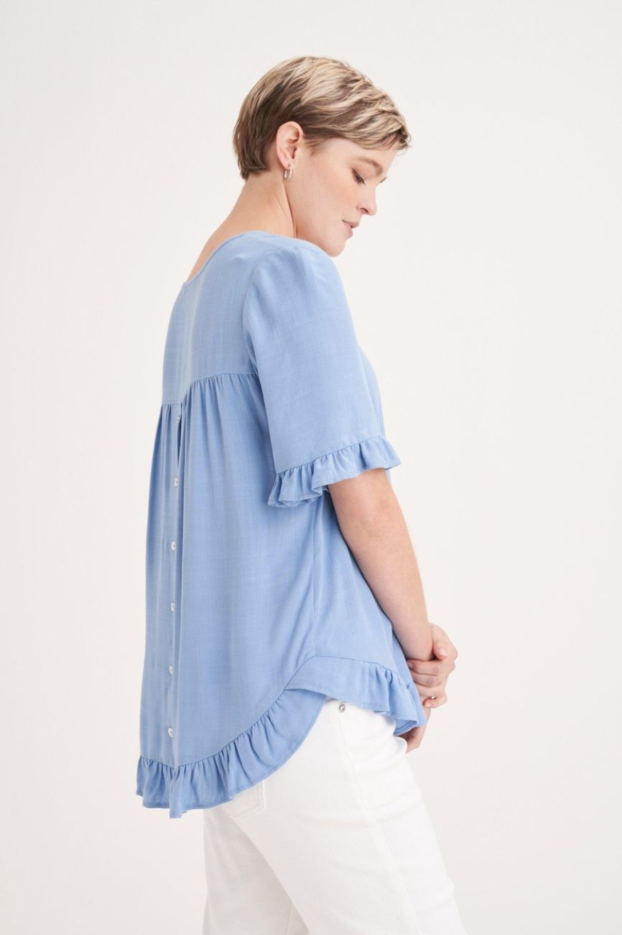 Clothing MILADYS | Woven Ruffle Trim Top Baby Blue