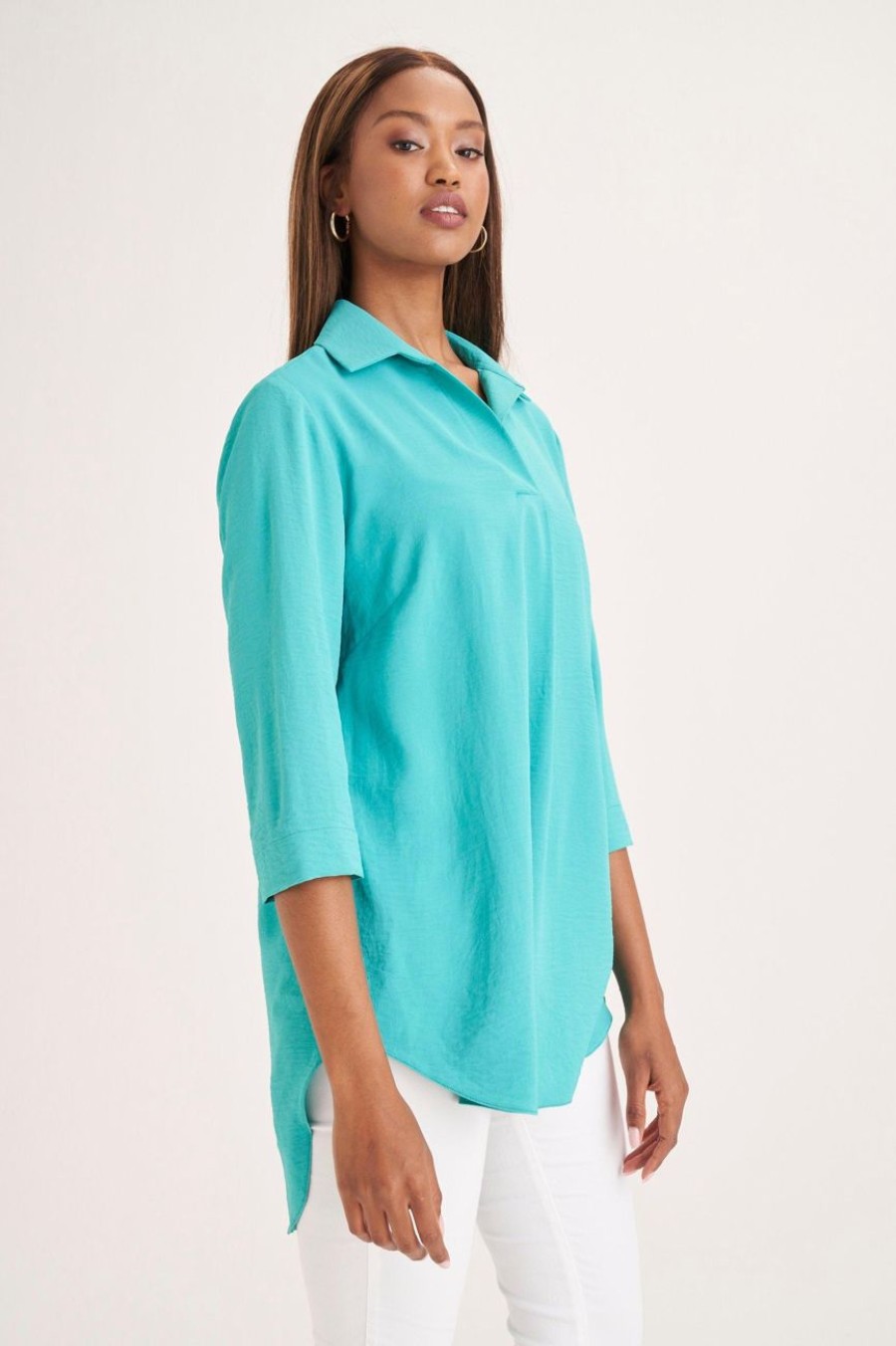 Clothing MILADYS | Collared Henley Top Turq Turquoise