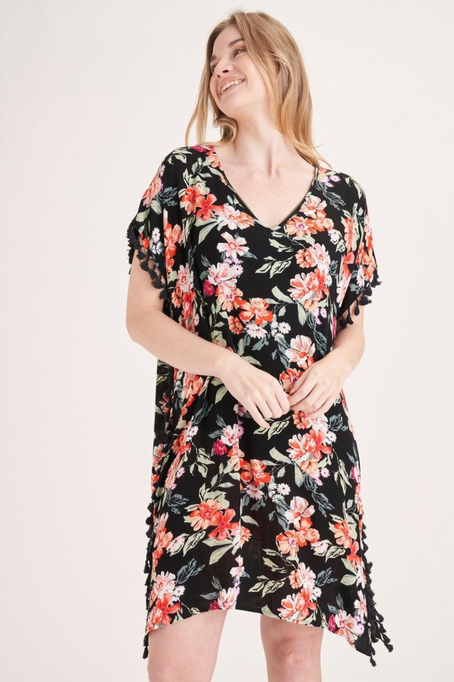 Clothing MILADYS | Floral Kaftan Swim Cover Up Black