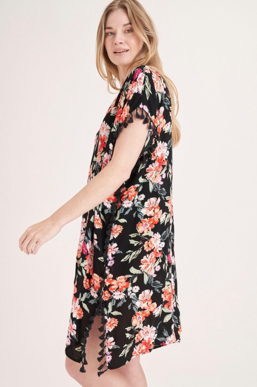 Clothing MILADYS | Floral Kaftan Swim Cover Up Black