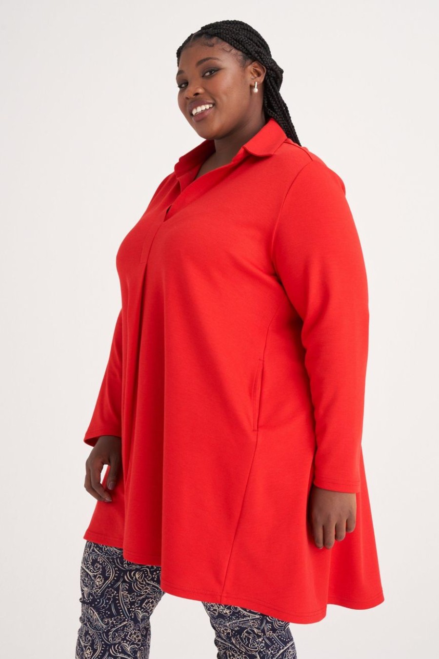 Clothing MILADYS | Ponte Collared Tunic Red Fire Engine Red