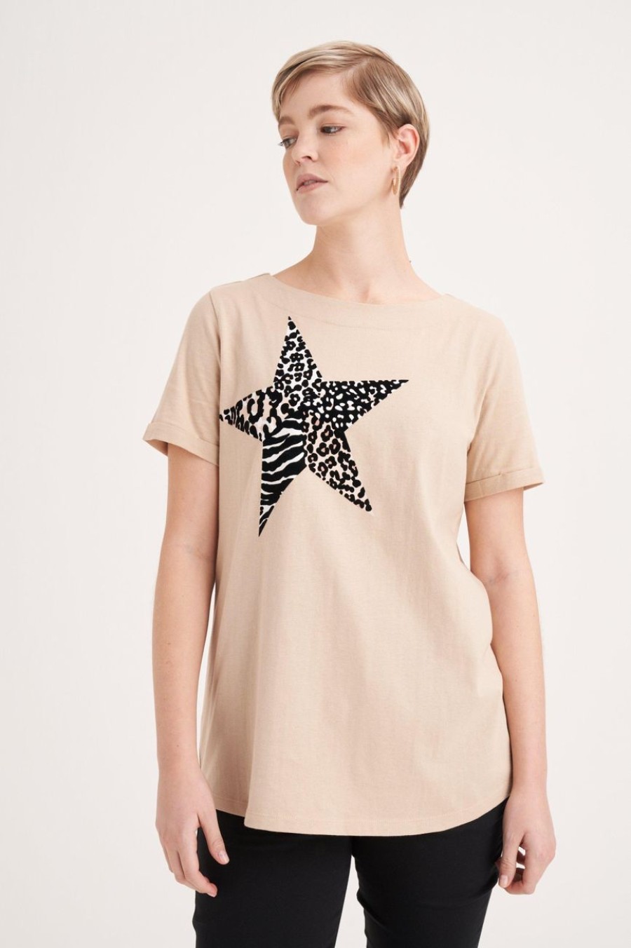 Clothing MILADYS | Star Print T-Shirt Natural Stone