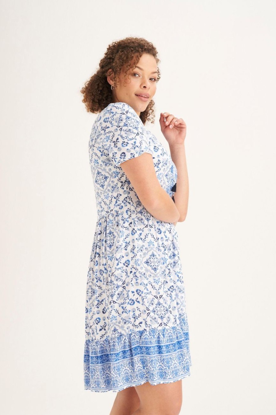 Clothing MILADYS | Printed Peasant Dress Blue Baby Blue