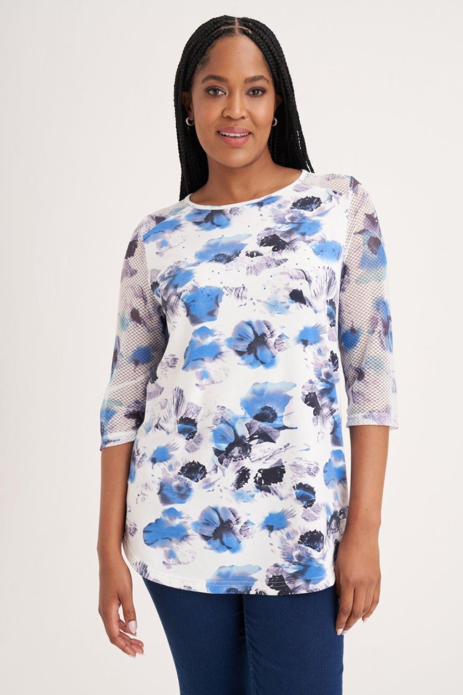 Clothing MILADYS | Printed Mesh Detail Boxy Top Baby Blue