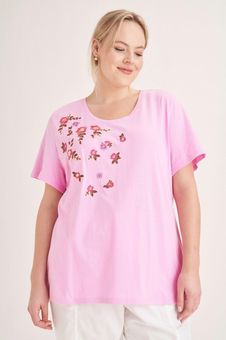 Clothing MILADYS | Floral Embroidered T-Shirt Pink Pink Glo