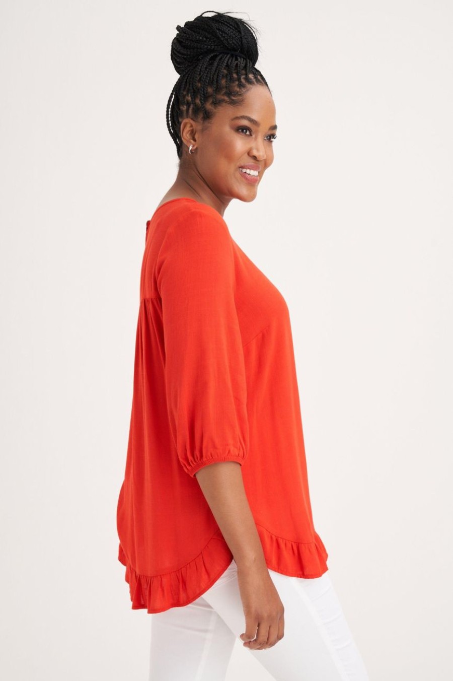 Clothing MILADYS | Woven Ruffle Trim Top Fire Engine Red