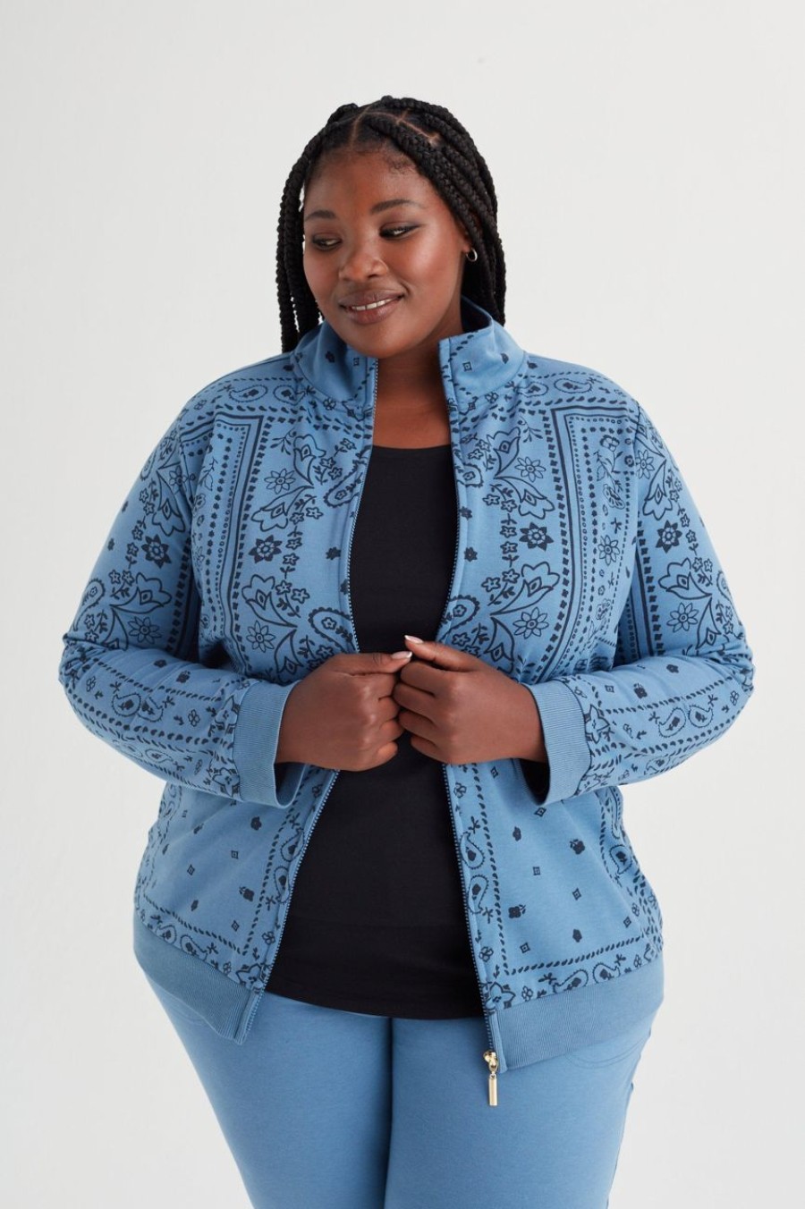 Clothing MILADYS | Printed Fleece Zip Through Jacket Petrol