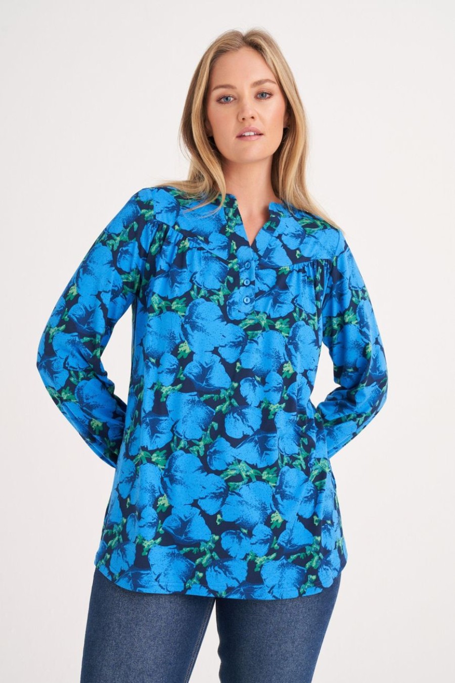 Clothing MILADYS | Floral Print Henley Top Cobalt