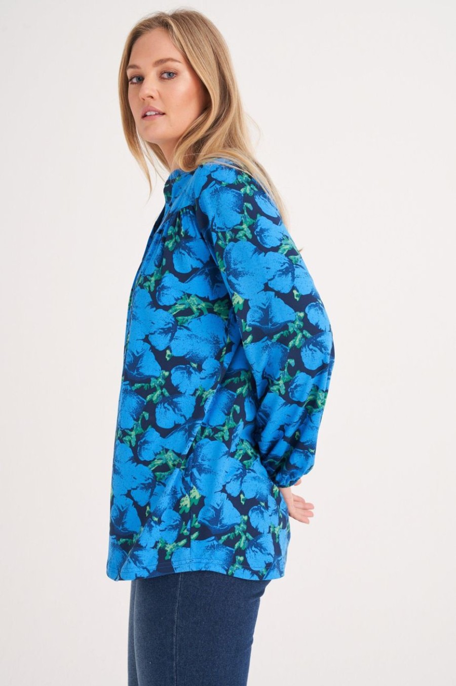 Clothing MILADYS | Floral Print Henley Top Cobalt