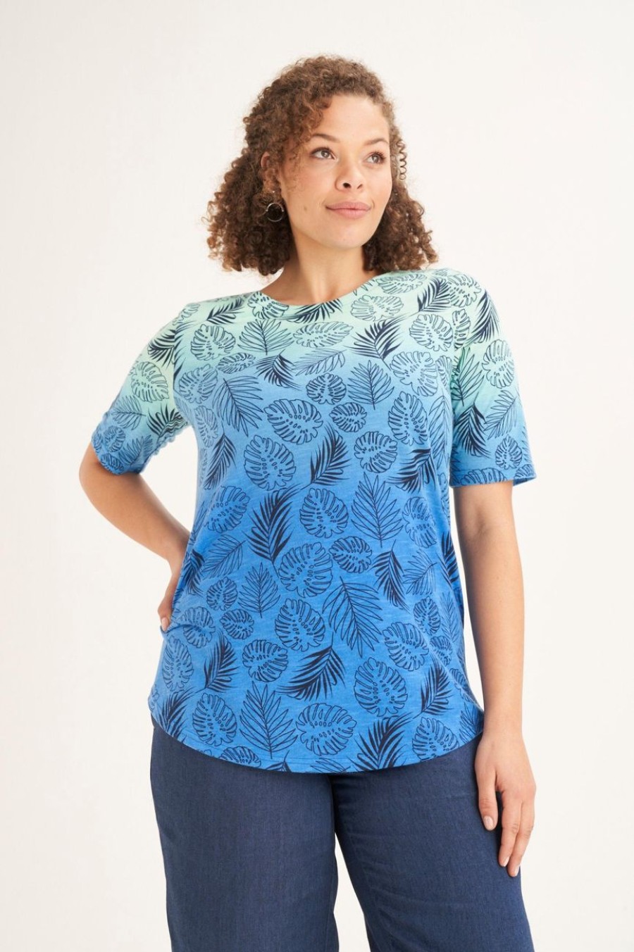 Clothing MILADYS | Ombre Leaf Print Tee Airforce Blue