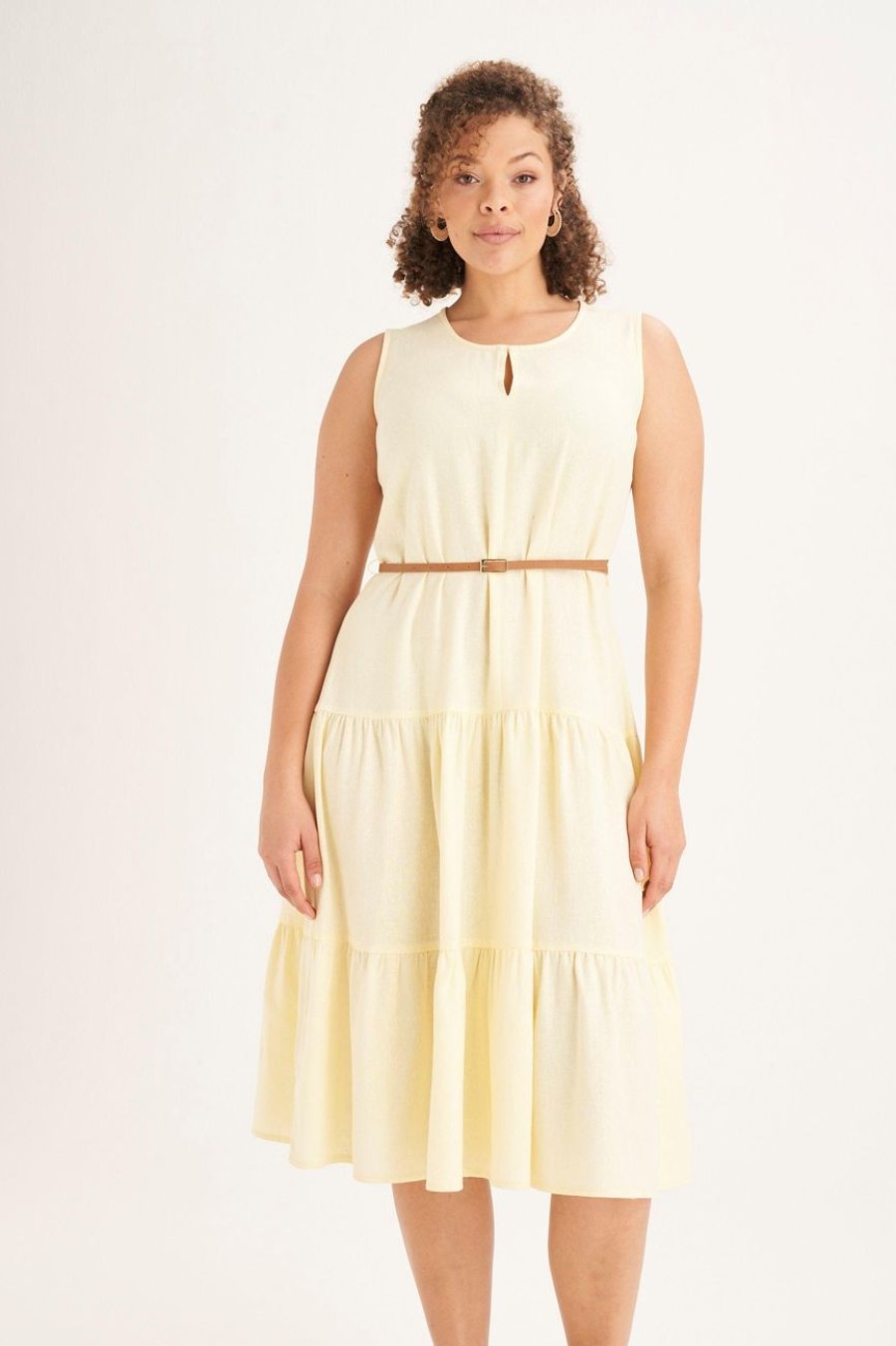 Clothing MILADYS | Linen Tiered A-Line Dress Lemon