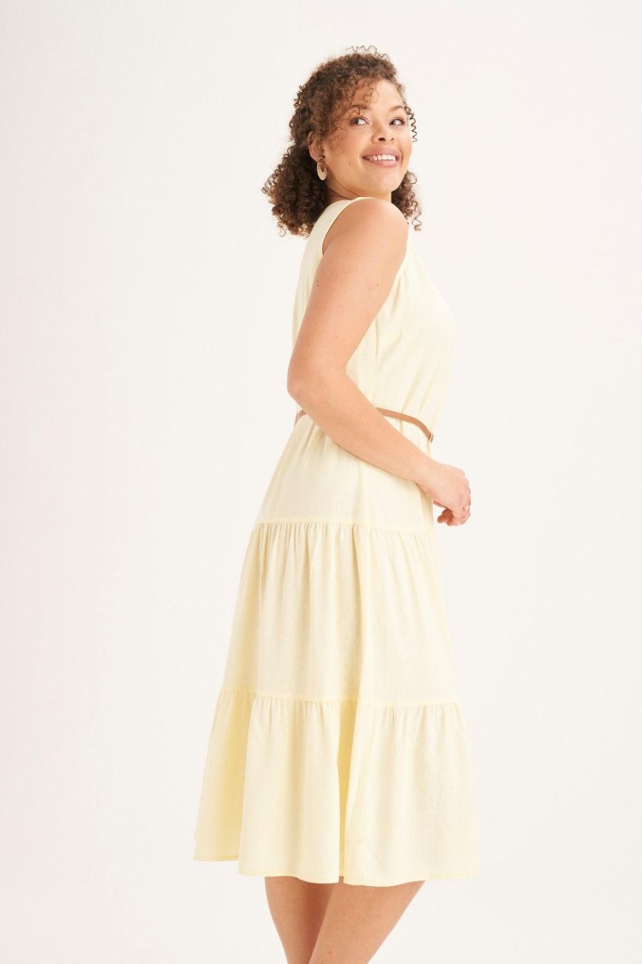 Clothing MILADYS | Linen Tiered A-Line Dress Lemon