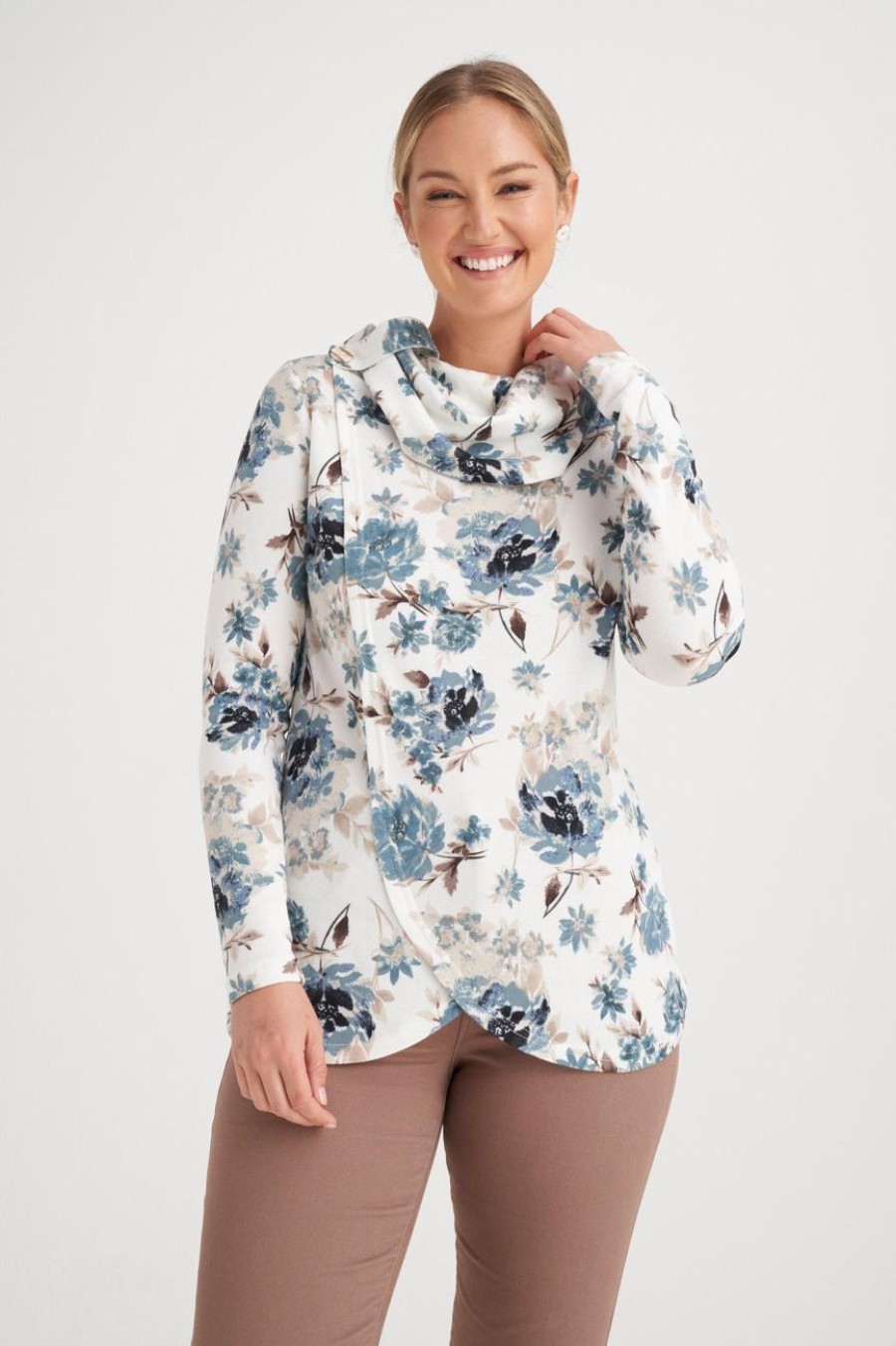 Clothing MILADYS | Floral Print Cowl Neck Top Stone