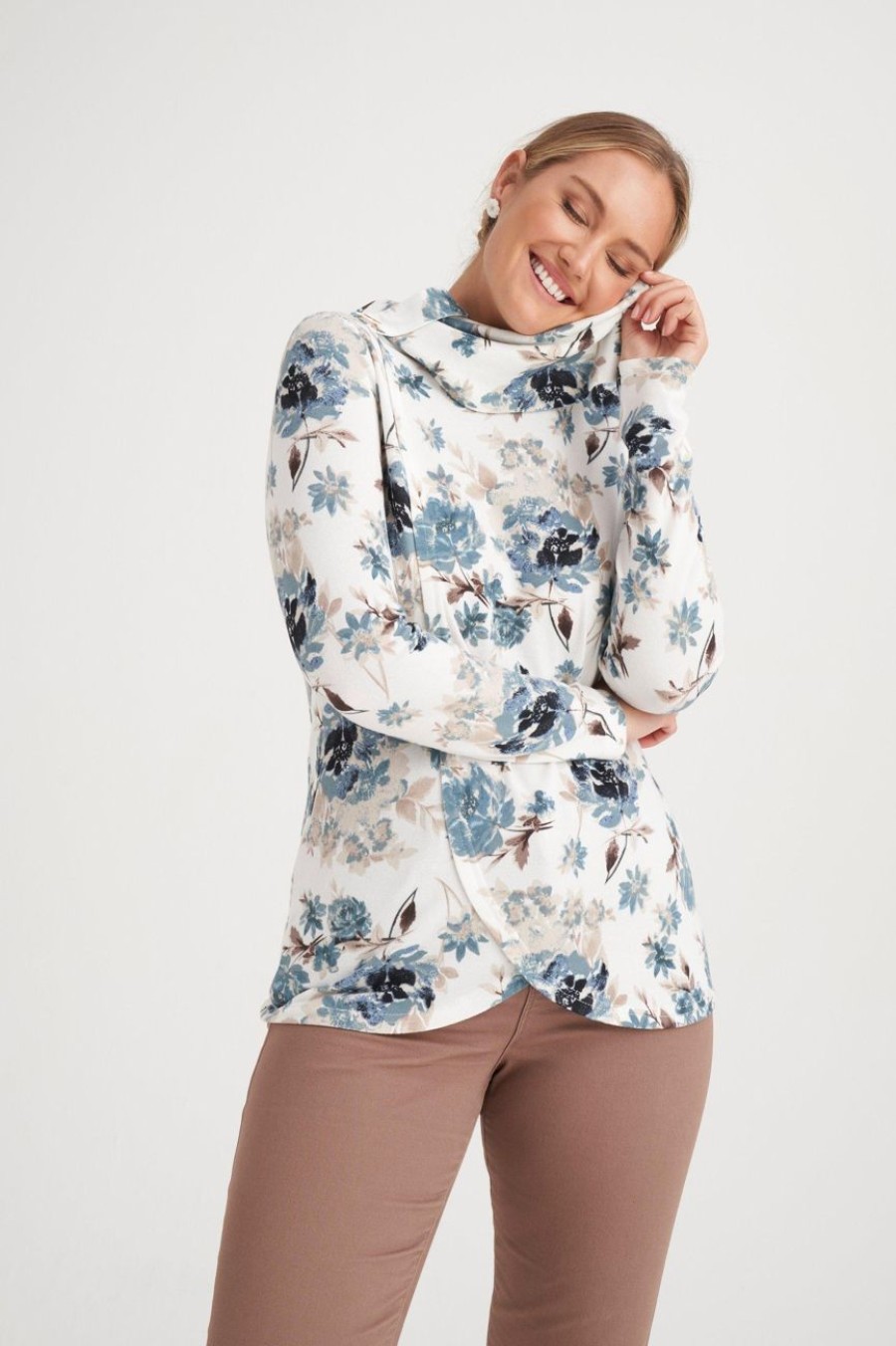 Clothing MILADYS | Floral Print Cowl Neck Top Stone