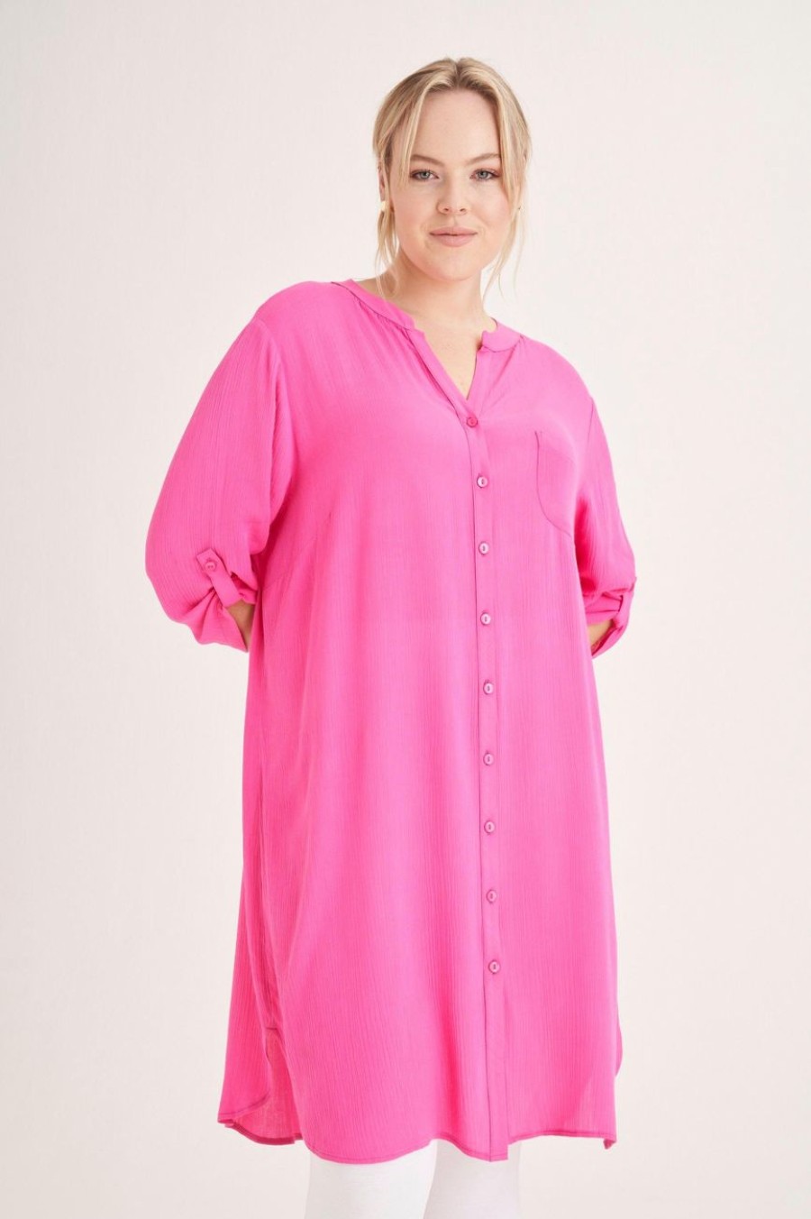 Clothing MILADYS | Longer Length Crinkle Shirt Pink Cerise