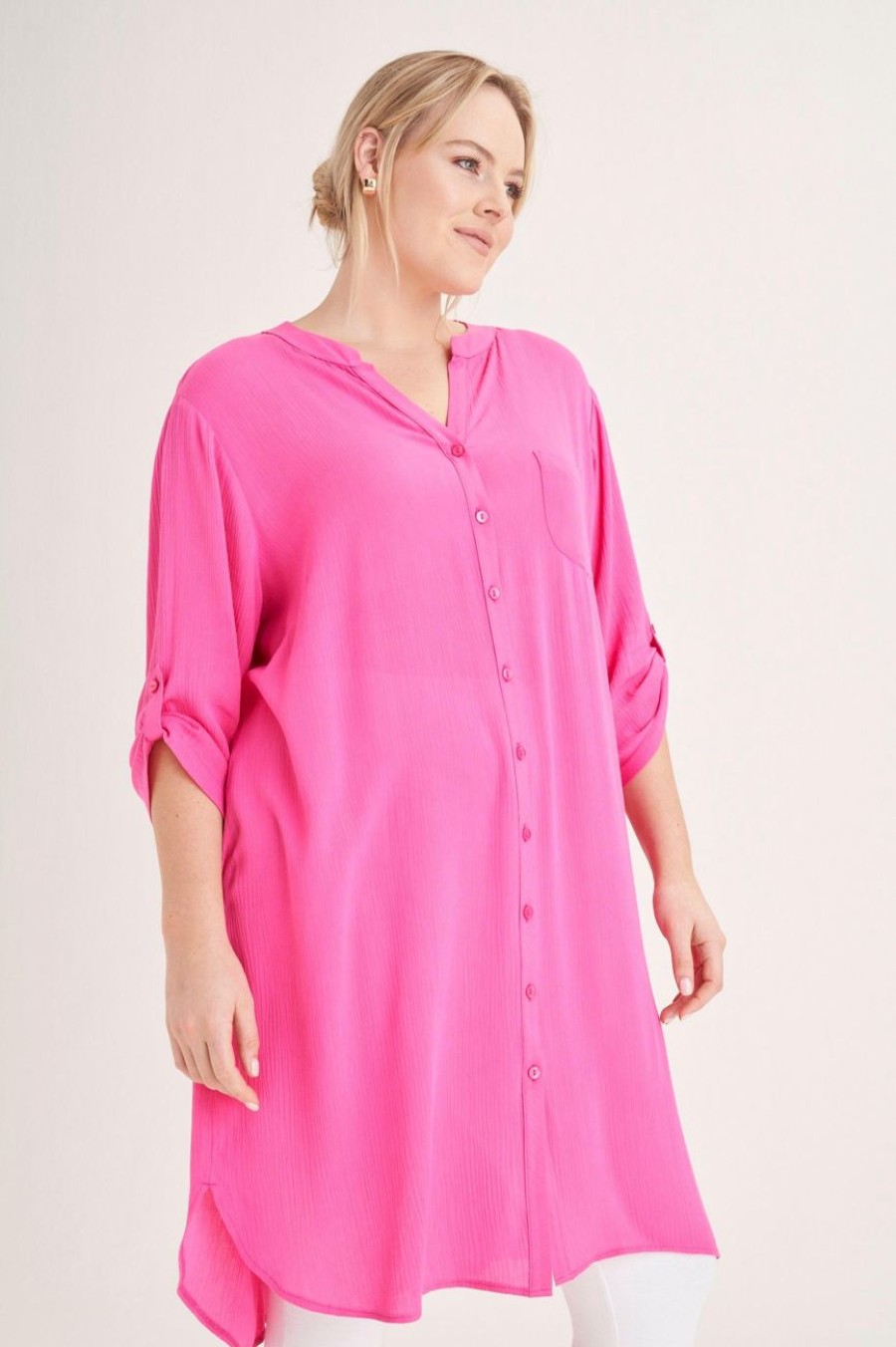 Clothing MILADYS | Longer Length Crinkle Shirt Pink Cerise