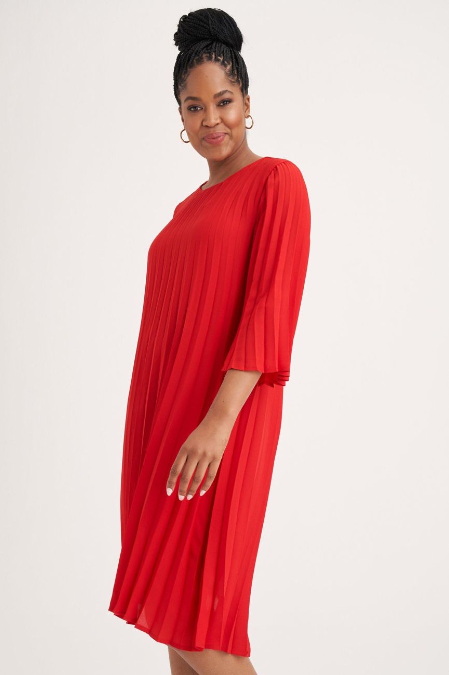 Clothing MILADYS | Pleated A-Line Dress Red Fire Engine Red