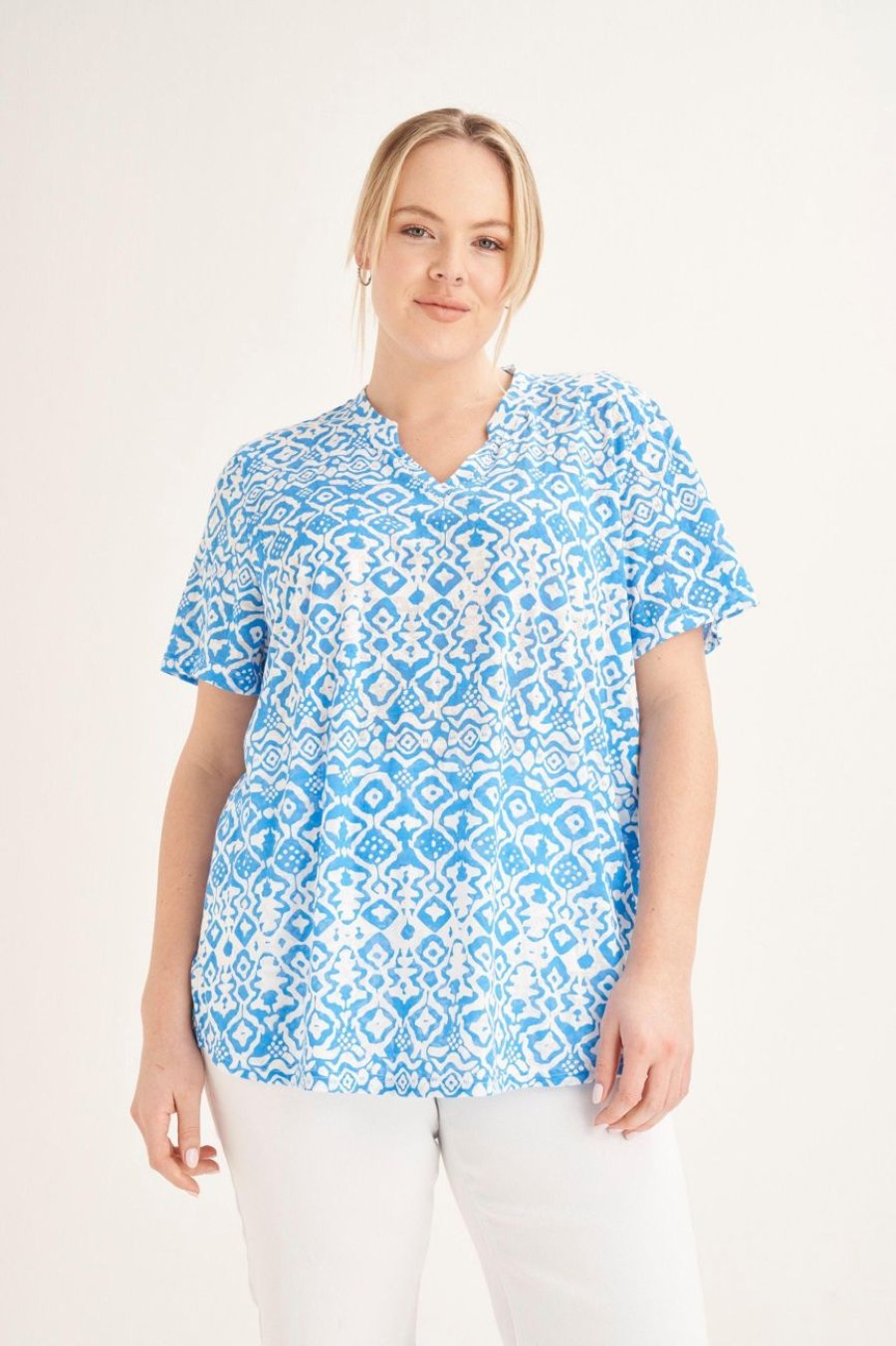 Clothing MILADYS | Geo Print Henley Top Blue Baby Blue