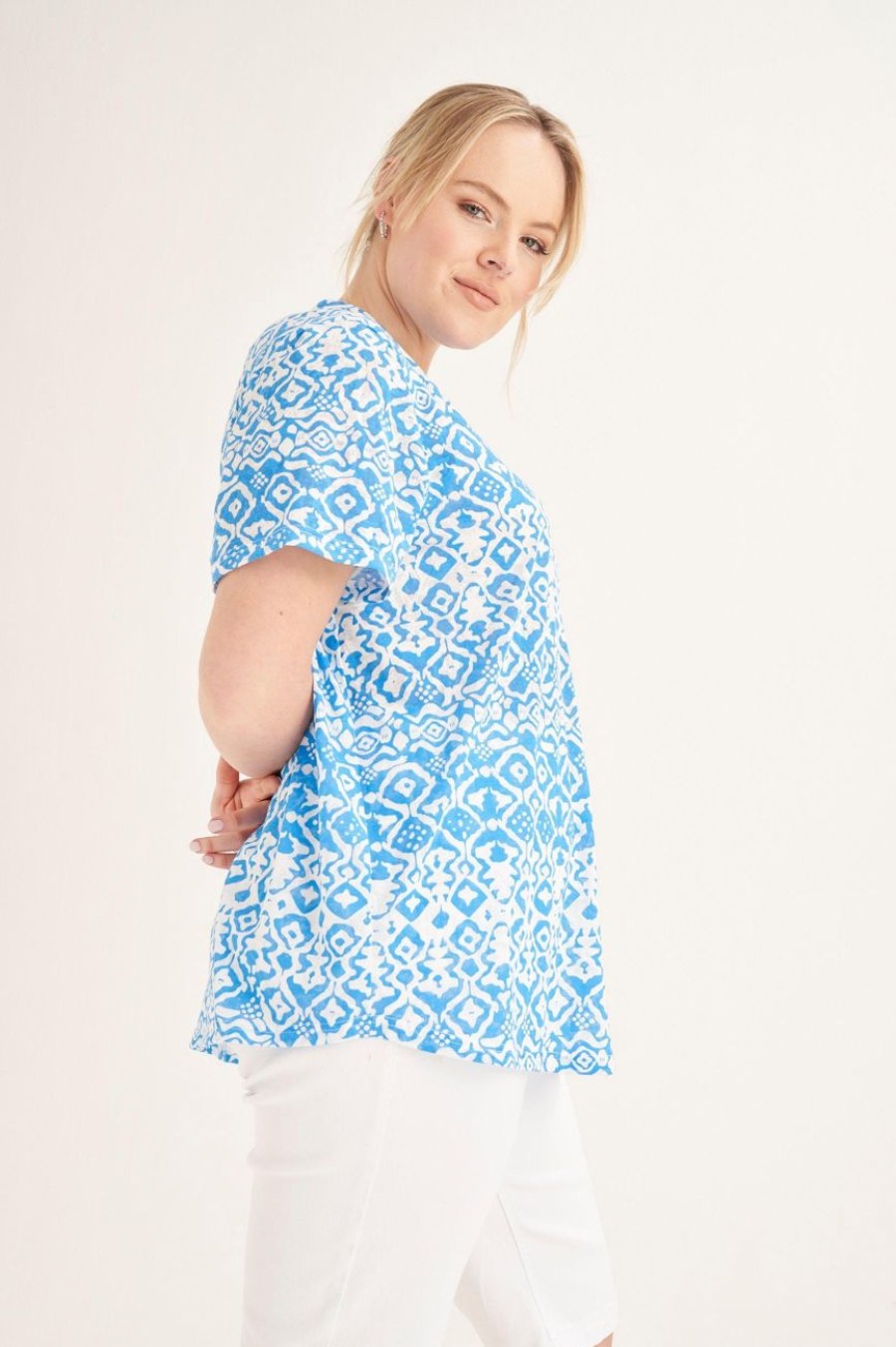 Clothing MILADYS | Geo Print Henley Top Blue Baby Blue