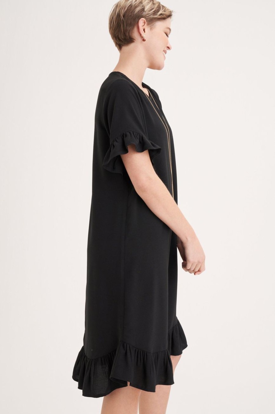 Clothing MILADYS | Shift Dress With Ruffle Trim Black