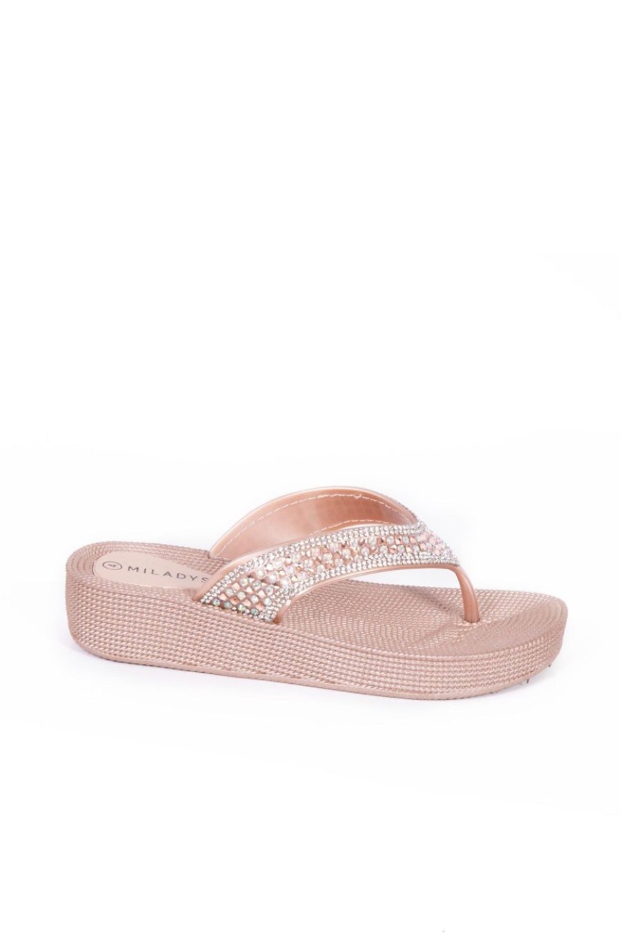 Shoes MILADYS | Thong Sandal Wedge Embellished Antique Gold