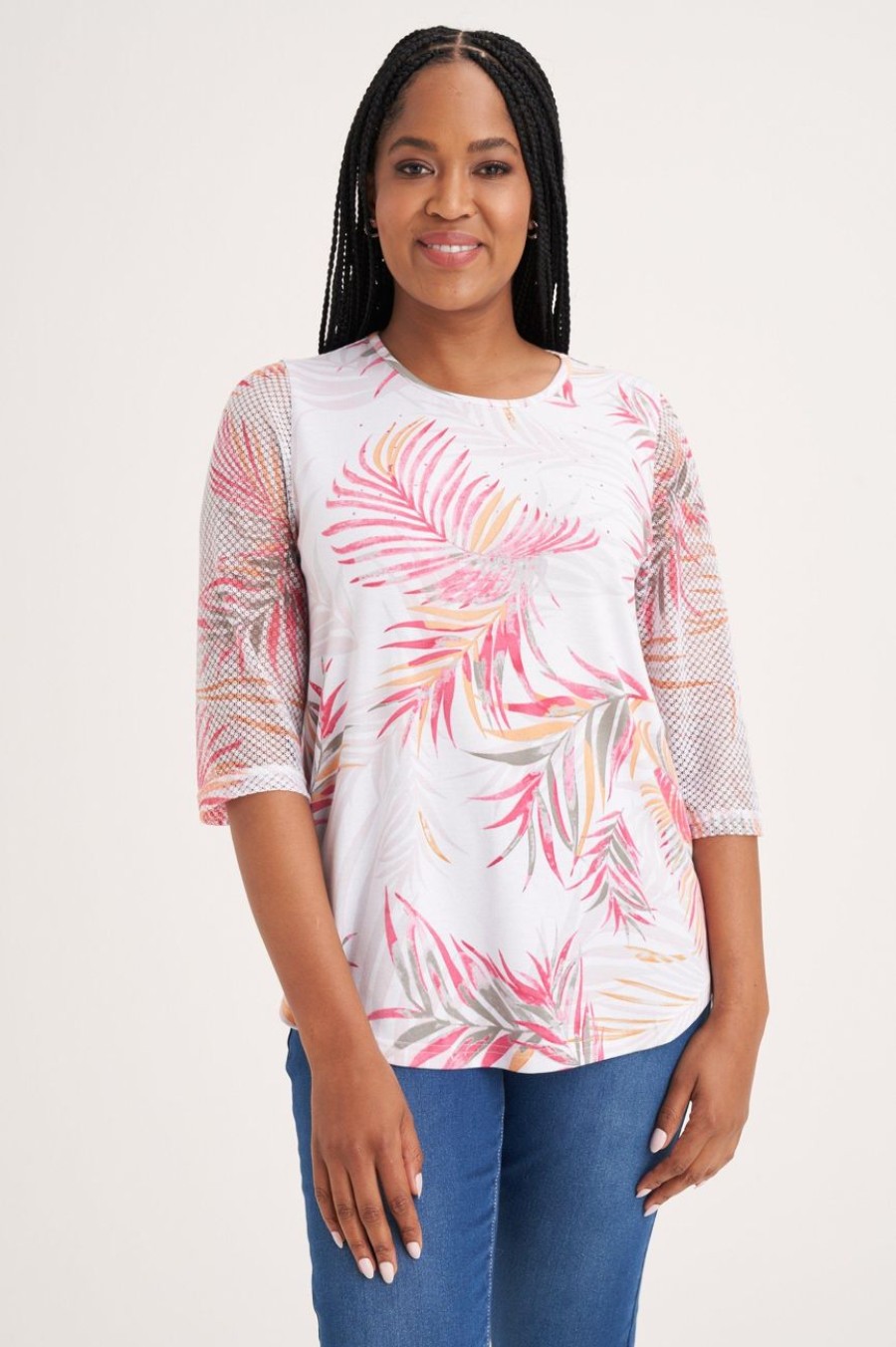 Clothing MILADYS | Leaf Print Mesh T-Shirt Baby Pink