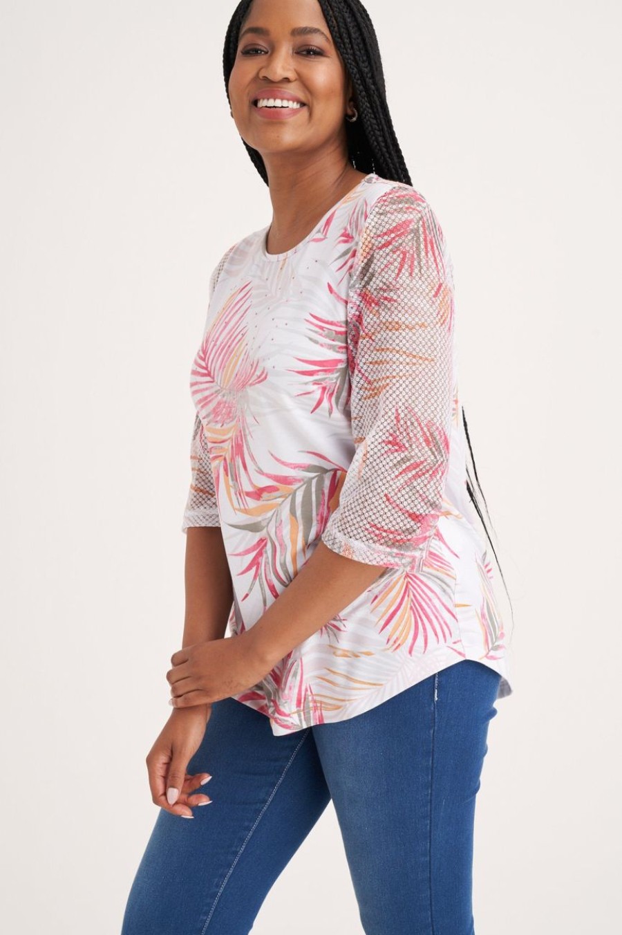 Clothing MILADYS | Leaf Print Mesh T-Shirt Baby Pink