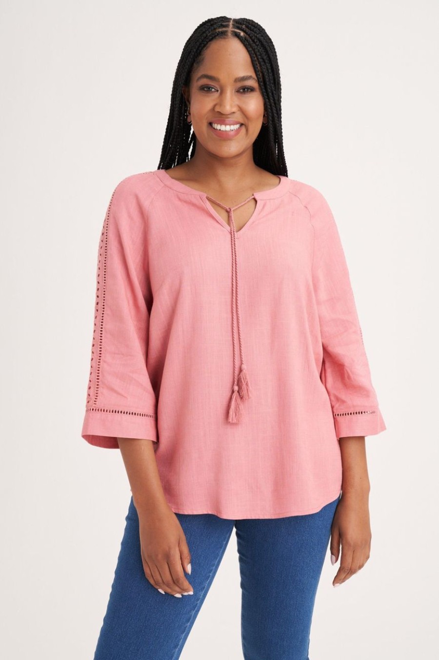 Clothing MILADYS | Lace Trim Henley Top Dusty Pink