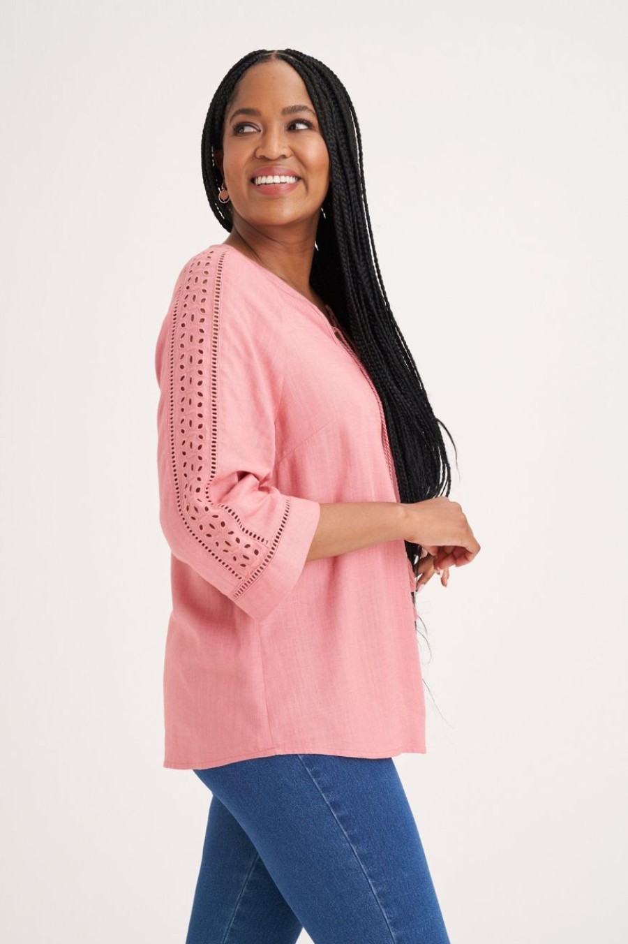 Clothing MILADYS | Lace Trim Henley Top Dusty Pink