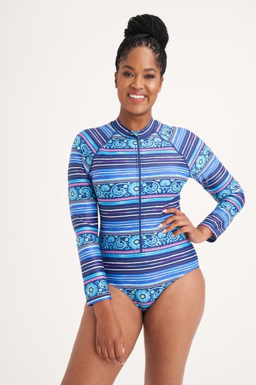 Clothing MILADYS | Printed Zip Up Rash Vest Airforce Blue