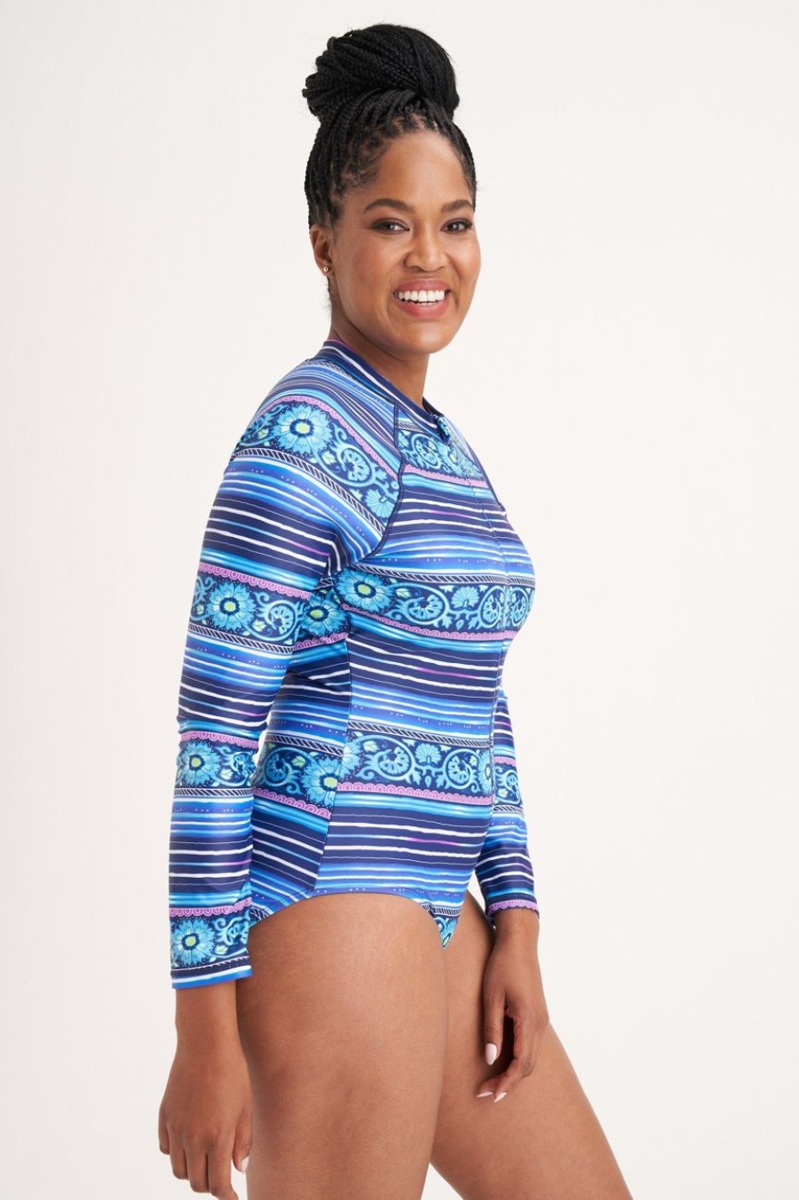 Clothing MILADYS | Printed Zip Up Rash Vest Airforce Blue