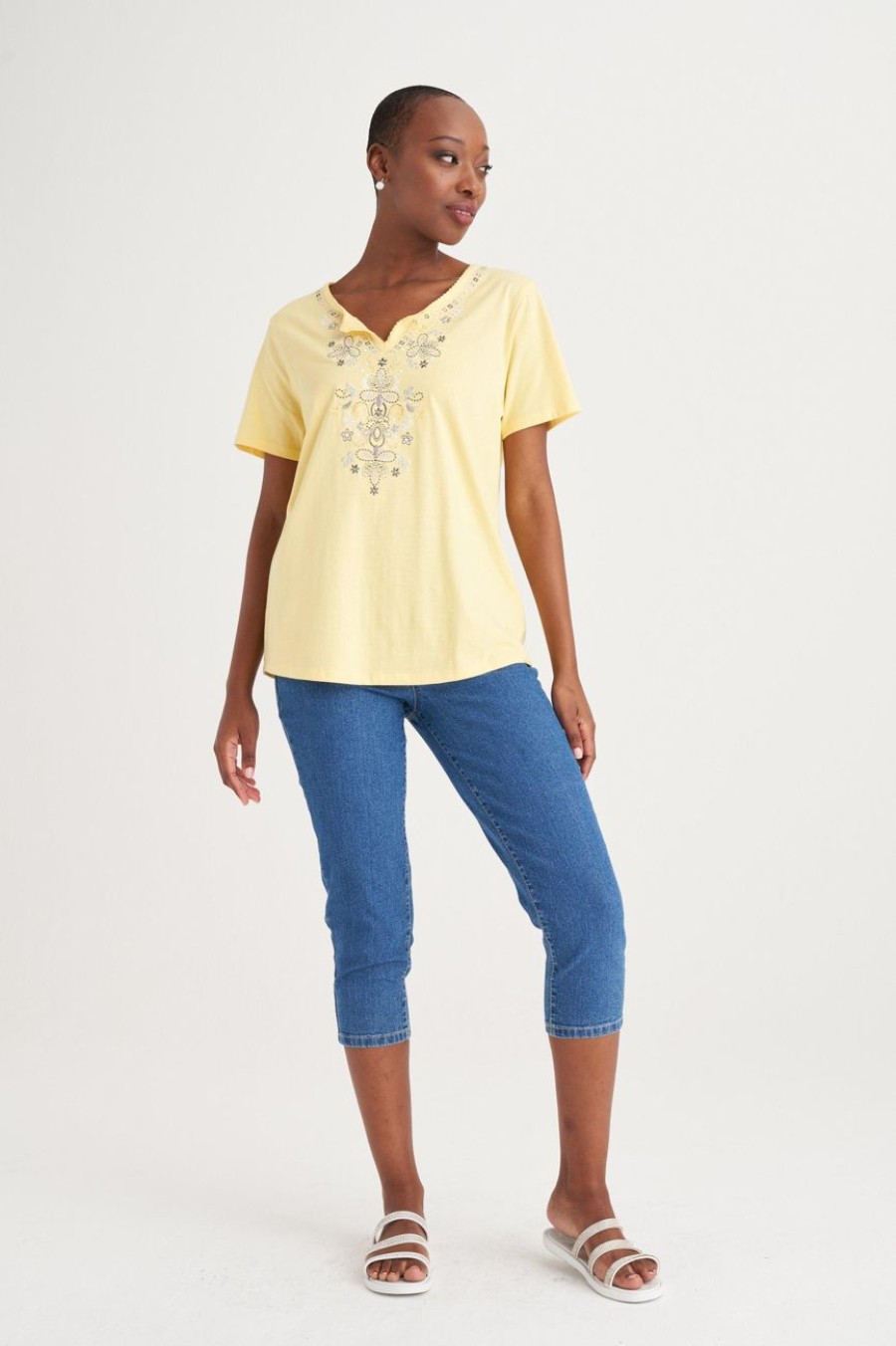 Clothing MILADYS | Yellow Embelished Neckline Tee Baby Yellow