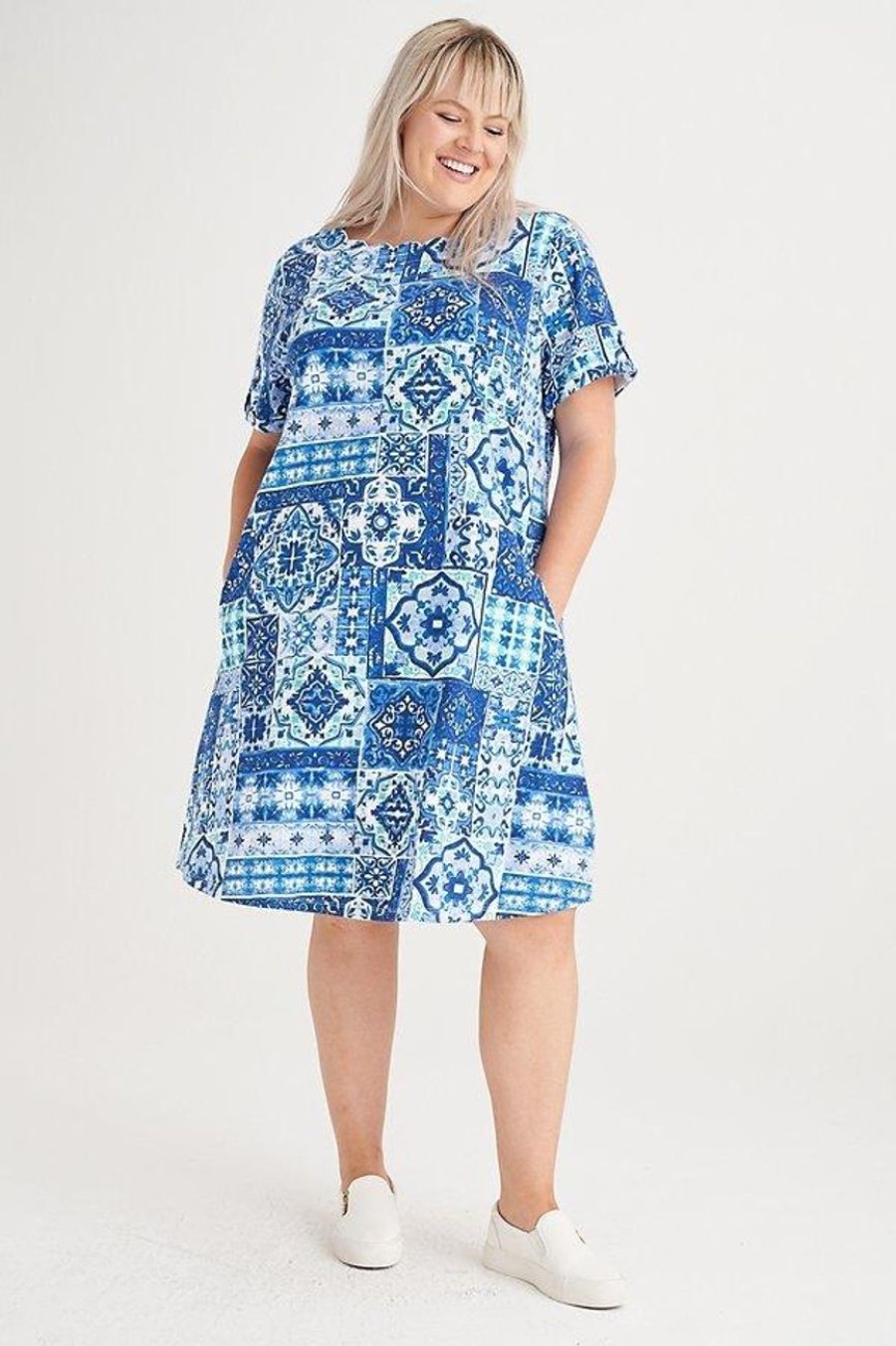 Clothing MILADYS | Paisley Tile Blues Scallop Dress Storm Blue