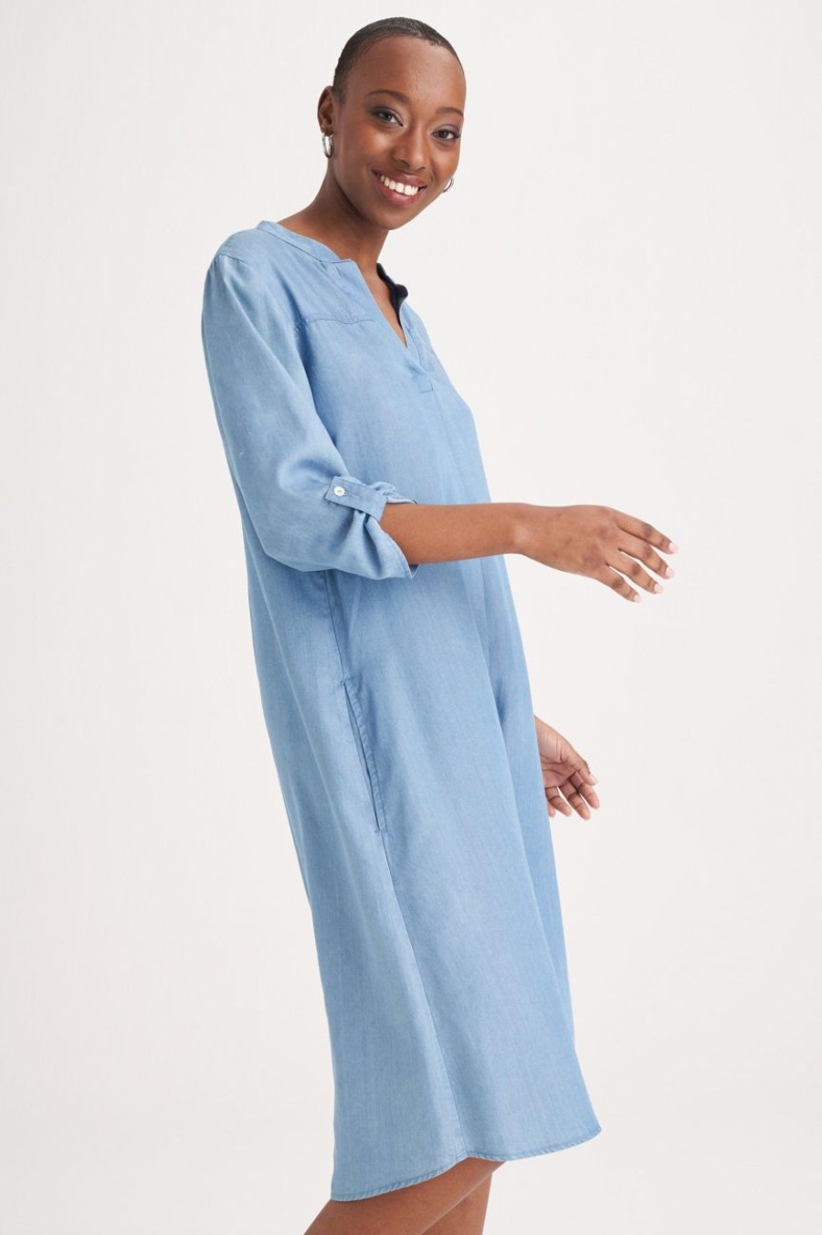 Clothing MILADYS | Denim A-Line Henley Dress Baby Blue