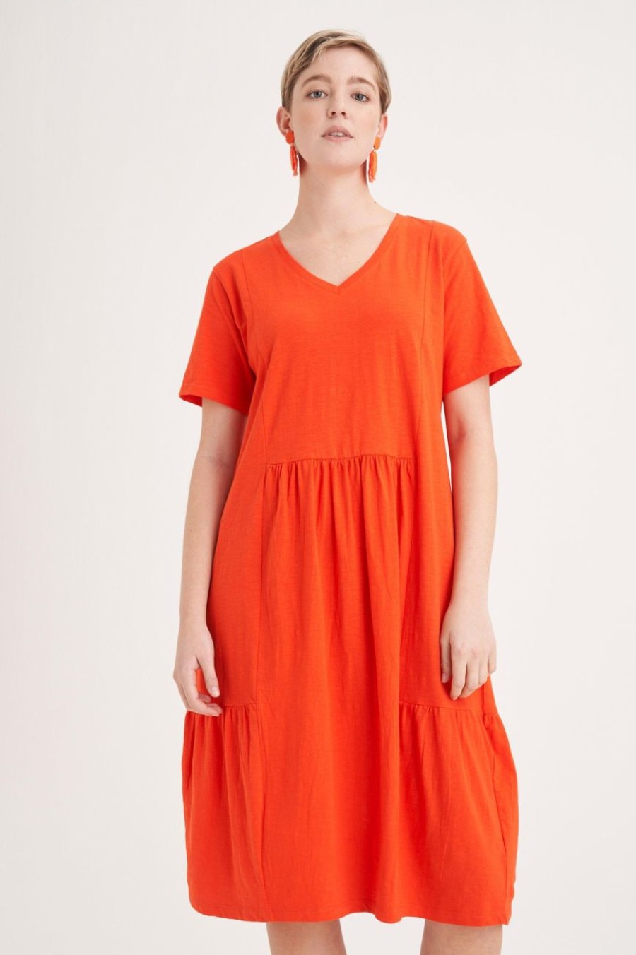 Clothing MILADYS | Tiered Cotton Dress Coral Orange